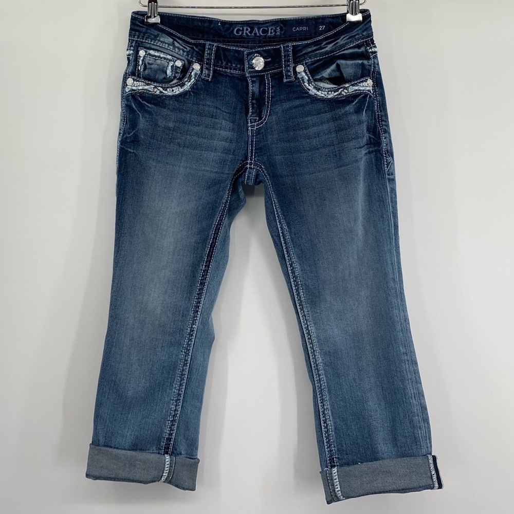 Grace In LA Embellished Glitter Capri Denim Jeans Size Label 27 Women's US 6-7